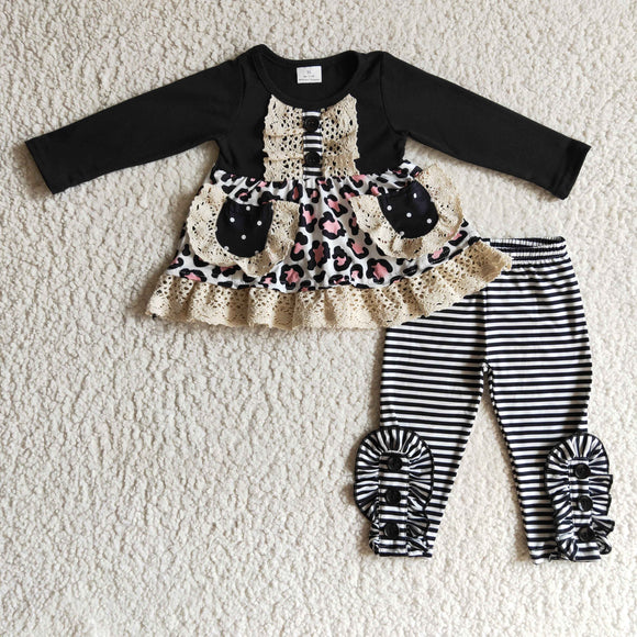 Lace Leopard Print Black Pockets Stripes Legging Girls Long Sleeve+Trousers Sets