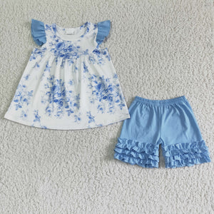 Blue White Floral Girls Shorts Sets