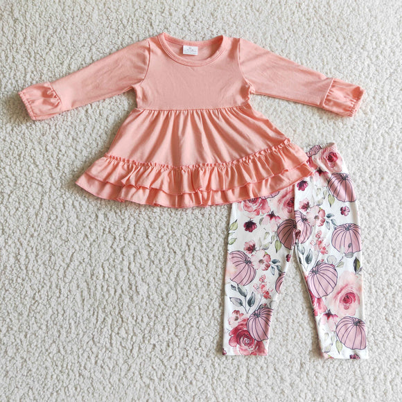 Solid Pink Ruffles Pumpkin Print Legging Girls Long Sleeve+Trousers Sets