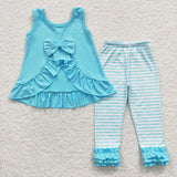 Stripe Solid Ruffles Green Girls Short Sleeve+Trousers Sets