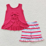 Solid Hot Pink Bow Stripe Girls Shorts Sets