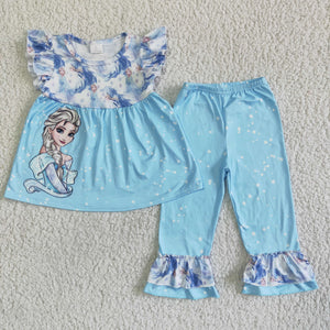 Cartoon Princess Blue Girls Short Sleeve+Trousers Sets