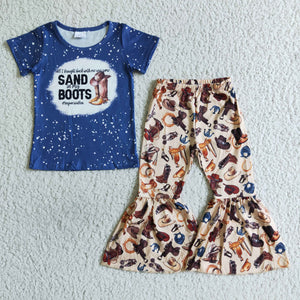 Promotional Sand Boots Royal Blue Girls Short Sleeve+Trousers Sets