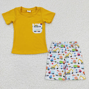 Excavator Engineering Vehicle Pocket Yellow Boys Shorts Sets