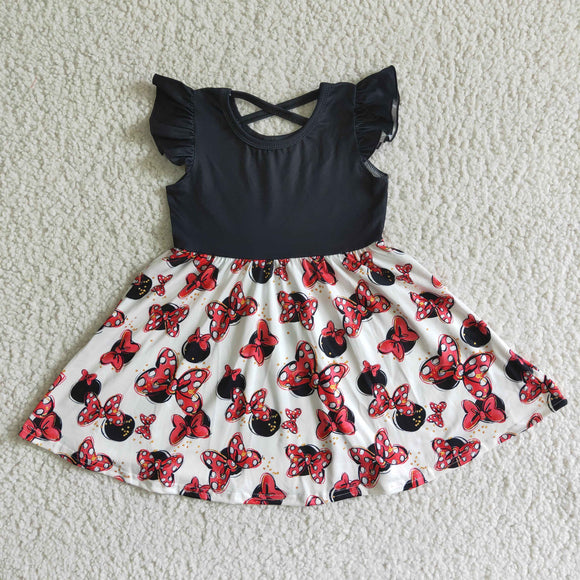 Cartoon Criss-Cross Girls Flutter Sleeve Dress