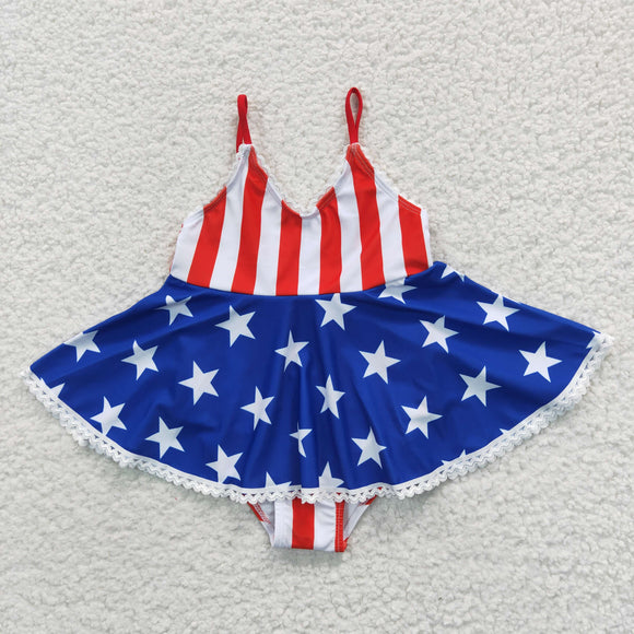 Stars Red White Stripe Lace Girls 4th of July Swimsuits