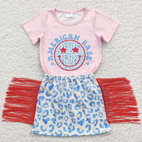 American Babe Stars Smile Pink Red Tassels Skirts Girls 4th of July Outfits