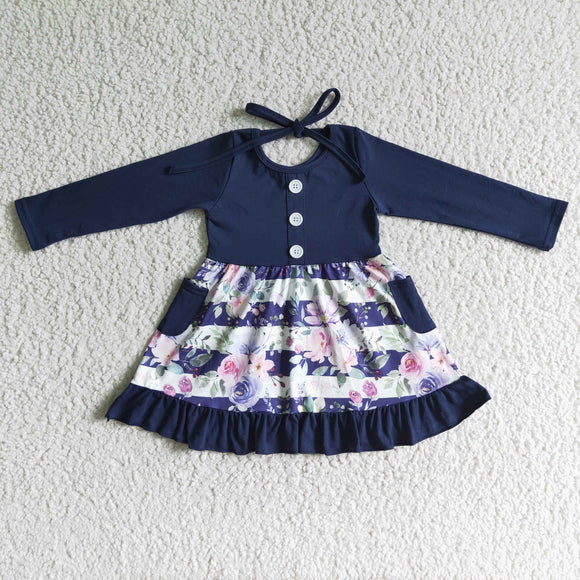 Promotional Floral Navy Girls Long Sleeve Dress