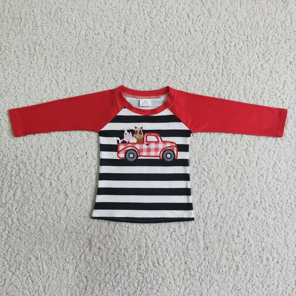 Cow Horse Truck Embroidery Stripes Red Boys Long Sleeve Top