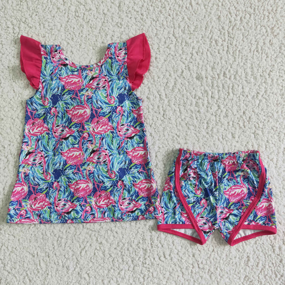 Promotional Flamingos Big Bow Hot Pink Girls Shorts Sets