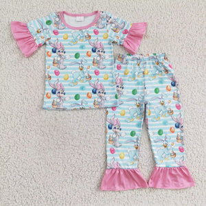 Cartoon Eggs Sky Blue Pink Girls Easter Pajamas