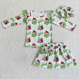 Cartoon Green Skirt Girls Christmas Outfits
