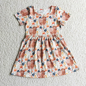 Highland Cow Floral Orange Girls Short Sleeve Dress