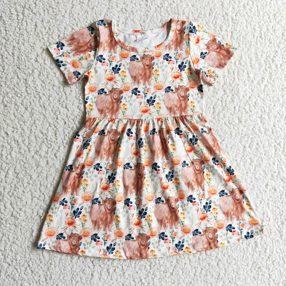 Highland Cow Floral Orange Girls Short Sleeve Dress