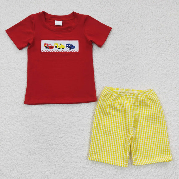Car Plaid Red Boys Shorts Sets