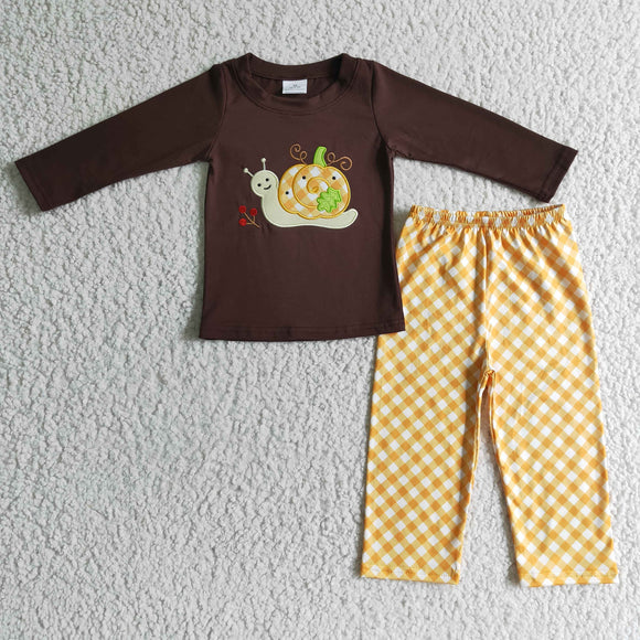 Promotional Snail Embroidery Yellow Plaid Brown Boys Long Sleeve+Trousers Sets