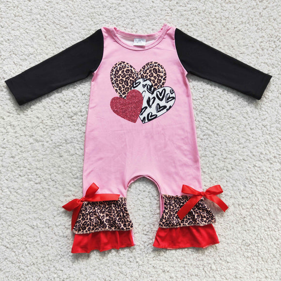 Love Leopard Print Ruffles Pink Girls Valentine Romper