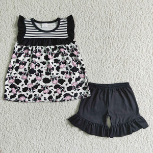 Promotional Cow Black Stripes Girls Shorts Sets