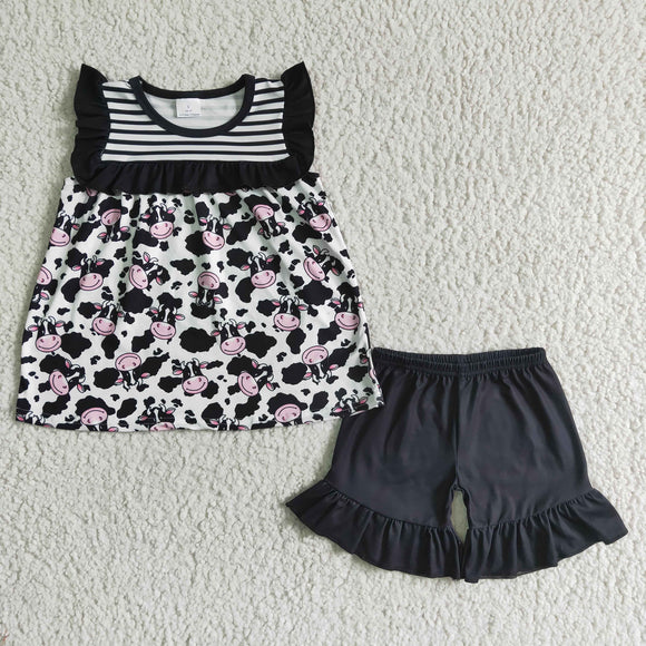 Promotional Cow Black Stripes Girls Shorts Sets