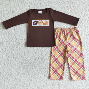 Turkey Football Embroidery Plaid Brown Boys Thanksgiving Outfits