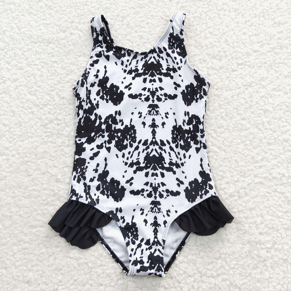 Cowhide Ruffles Black White Girls Swimsuits