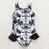 Cowhide Ruffles Black White Girls Swimsuits