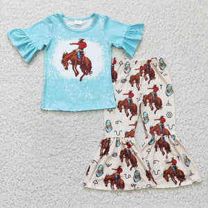 Rodeo Cowgirl Aztec Sky Blue Girls Short Sleeve+Trousers Sets