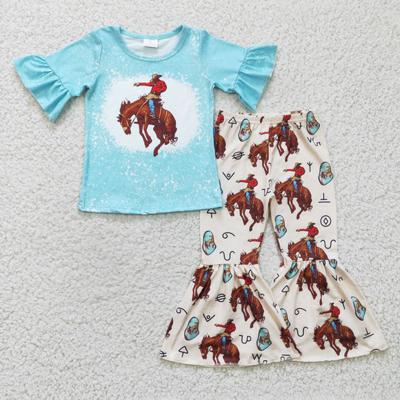 Rodeo Cowgirl Aztec Sky Blue Girls Short Sleeve+Trousers Sets