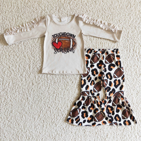 Football Season Leopard Print Beige Girls Long Sleeve+Trousers Sets