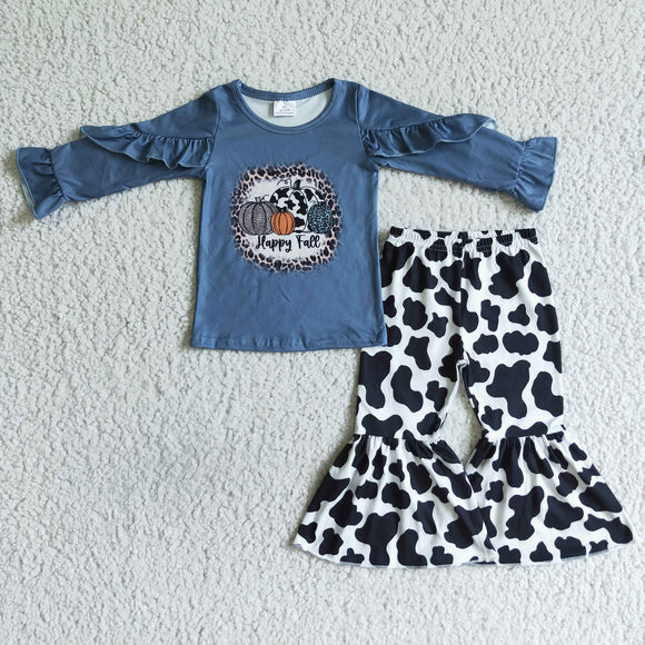 Happy Fall Pumpkin Cow Print Girls Long Sleeve+Trousers Sets