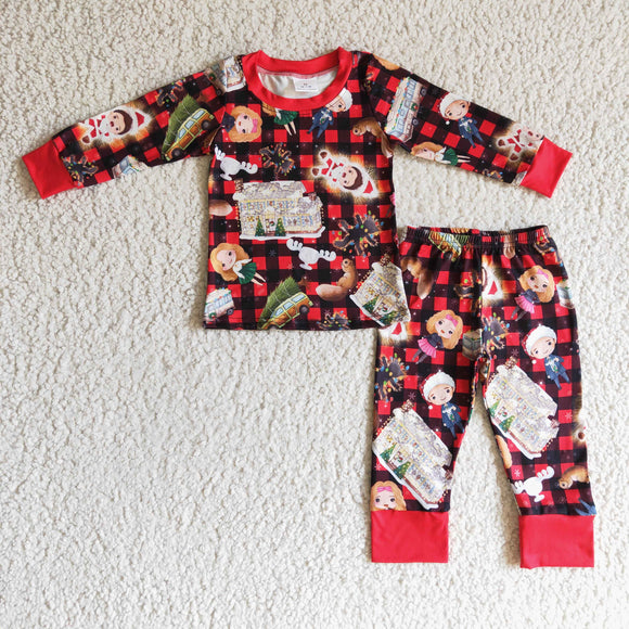 Cartoon Red Black Plaid Boys Christmas Pajamas