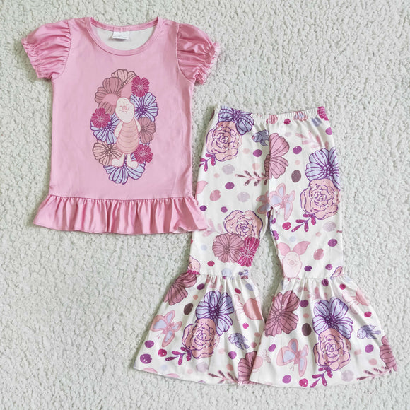 Cartoon Pig Floral Girls Short Sleeve+Trousers Sets
