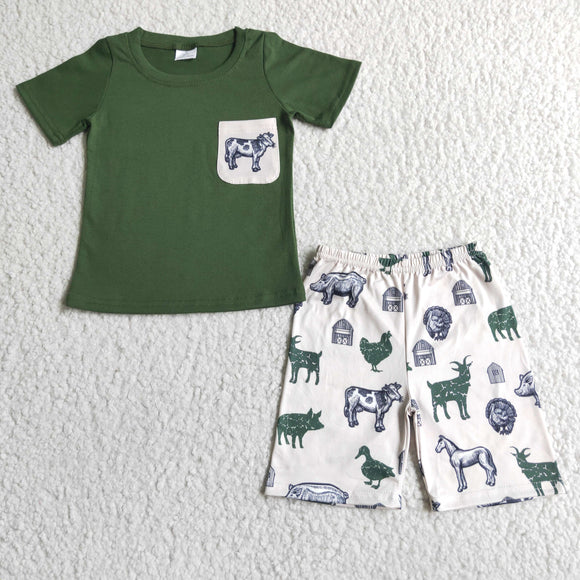 Promotional Pig Horse Cow Chicken House Green Boys Shorts Sets