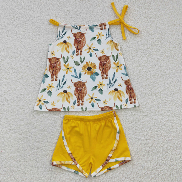 Highland Cow Floral Yellow Girls Shorts Sets