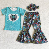 Promotional Turquoise Cactus Girls Short Sleeve+Trousers Sets