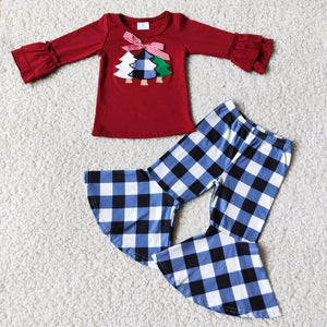 Promotional Tree Embroidery Plaid Girls Christmas Outfits