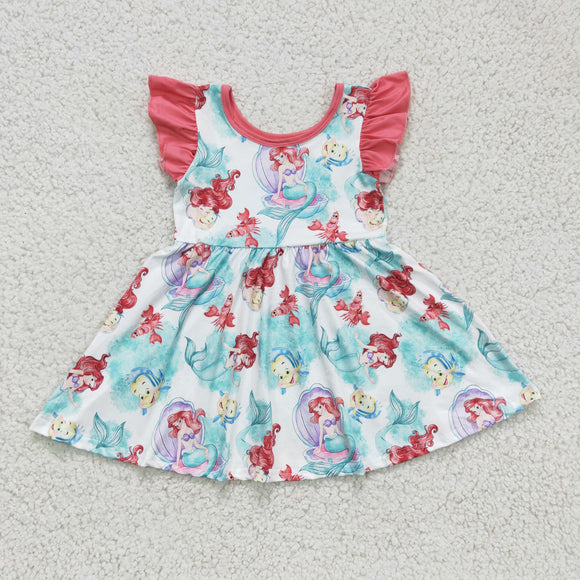 Cartoon Mermaid Fish Sky Blue Girls Flutter Sleeve Dress