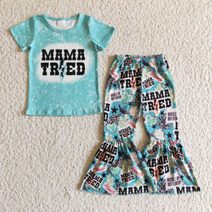 Promotional Mama Tried Letters Blue Girls Short Sleeve+Trousers Sets