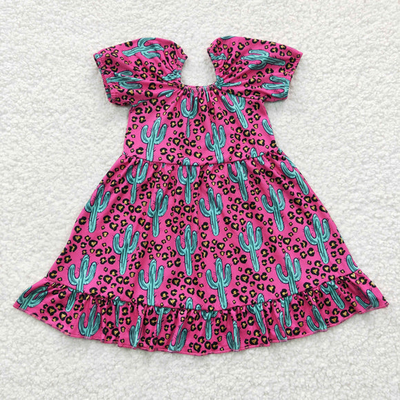Promotional Cactus Leopard Print Hot Pink Girls Short Sleeve Dress