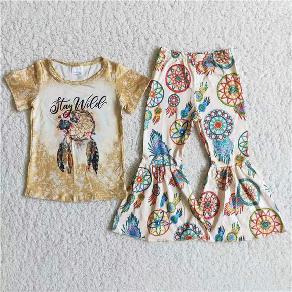 Promotional Stay Wild Dreamcatcher Floral Gold Girls Short Sleeve+Trousers Sets