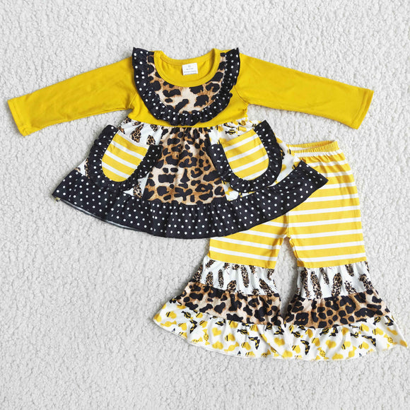 Promotional Sunflower Pockets Yellow Stripes Girls Long Sleeve+Trousers Sets