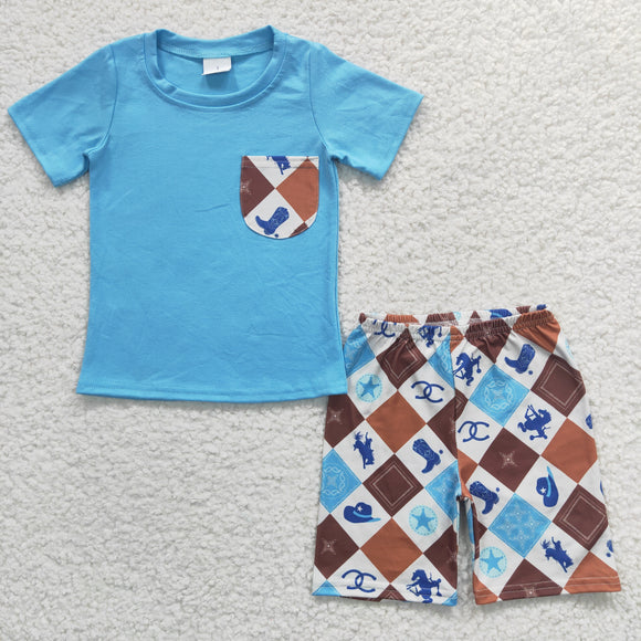 Promotional Rodeo Cowboy Boots Pocket Sky Blue Boys Shorts Sets