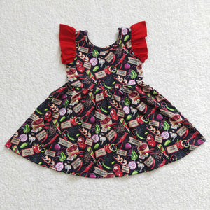 Crawfish Vegetable Black Red Girls Flutter Sleeve Dress