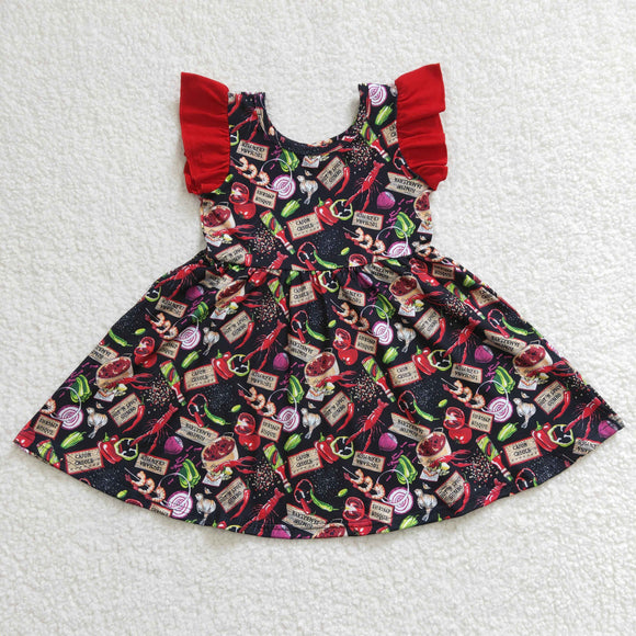 Crawfish Vegetable Black Red Girls Flutter Sleeve Dress