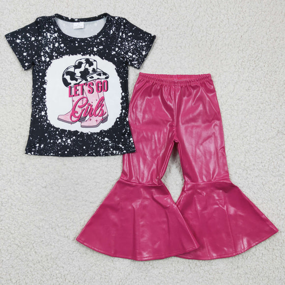 Let's go Cowgirl Black Hot Pink Girls Short Sleeve+Trousers Sets