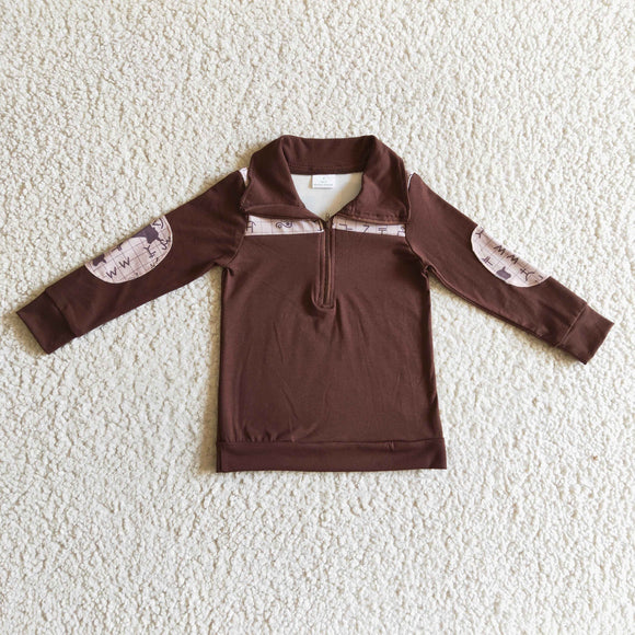 Cow Aztec Brown Polo Boys Long Sleeve Top