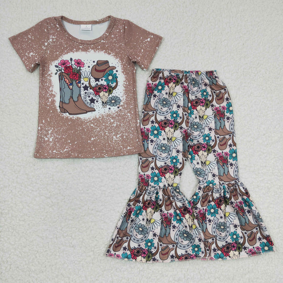 Floral Boots Hat Cowgirl Pink Brown Girls Short Sleeve+Trousers Sets