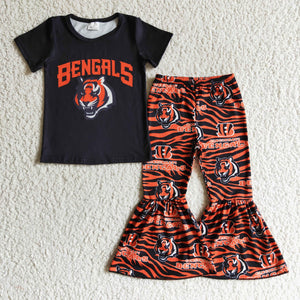 Black Orange Tiger Print Football Team Girls Short Sleeve+Trousers Sets