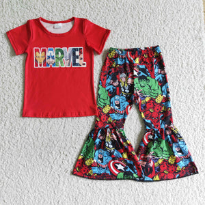 Hero Letters Cartoon Red Girls Short Sleeve+Trousers Sets