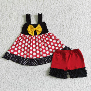 Cartoon Yellow Bow Polka Dots Girls Shorts Sets